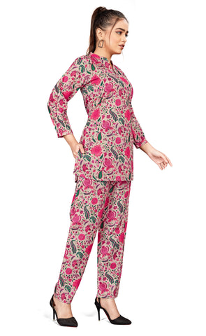 Bosaru Peach Floral Kurti With Pant (Coord Set)