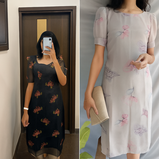 (Pack of 2 Kurti ) Bosaru Girl's And Women's Attractive organza Silk Short Sleeves Printed Grey Kurtis and Black Kurtis pack of 2 Kurti