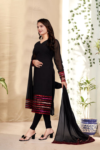 An elegant black kurti with dupatta adorned with beautiful embroidery on georgette fabric.