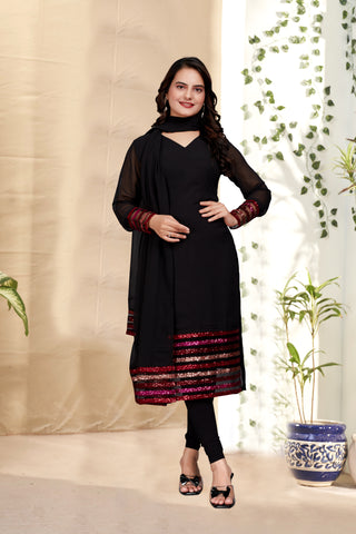 An elegant black kurti with dupatta adorned with beautiful embroidery on georgette fabric.