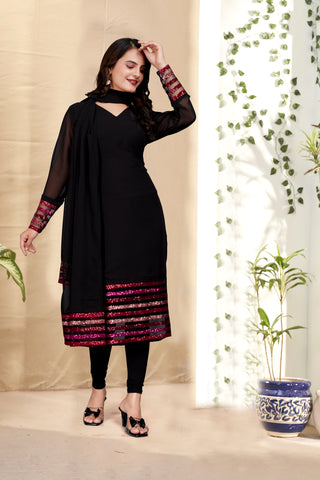 An elegant black kurti with dupatta adorned with beautiful embroidery on georgette fabric.