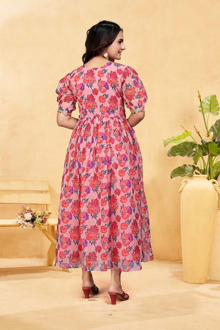 Pink Petal Princess Dress - A dress with a pink floral print, short sleeves, zari line and a high neckline