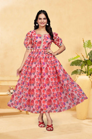 Pink Petal Princess Dress - A dress with a pink floral print, short sleeves, zari line and a high neckline