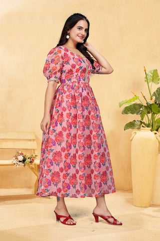 Pink Petal Princess Dress - A dress with a pink floral print, short sleeves, zari line and a high neckline