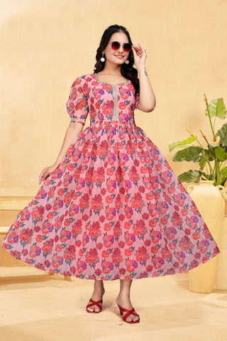 Pink Petal Princess Dress - A dress with a pink floral print, short sleeves, zari line and a high neckline