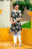 Girl's And Women's Attractive organza Silk Short Sleeves Printed Black Kurti