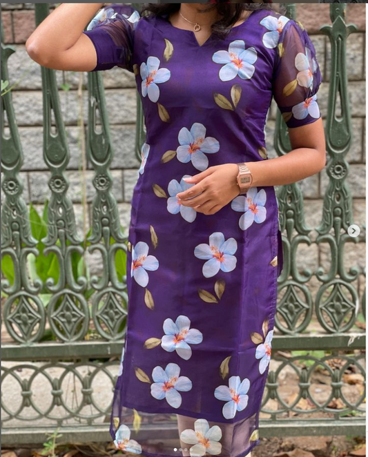 (Pack of 2 Kurti ) Bosaru Girl's And Women's Attractive organza Silk Short Sleeves Printed Black And Lavender Kurtis pack of 2 Kurti