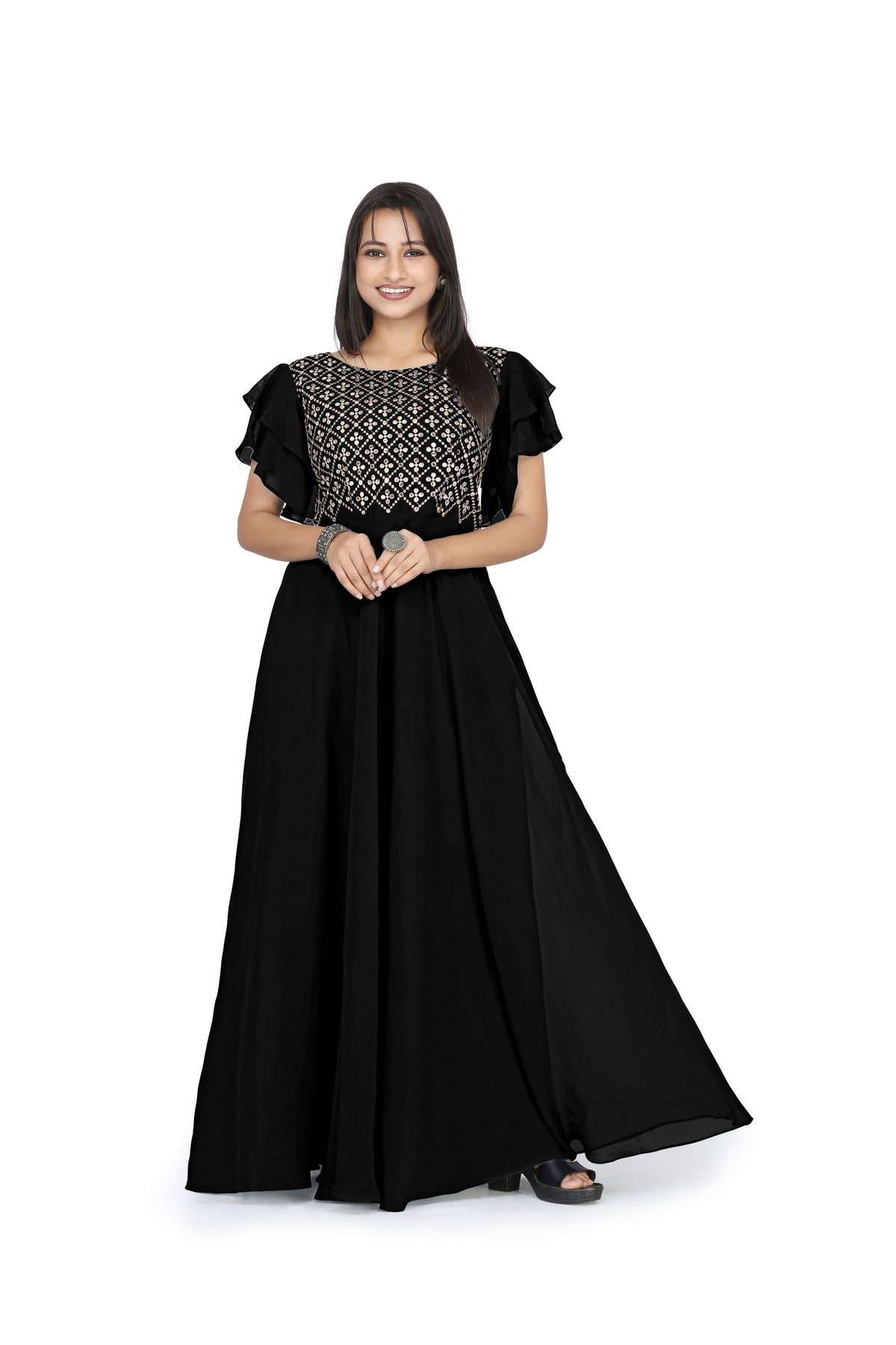 Bosaru women charming geometric Embellished Black Gown