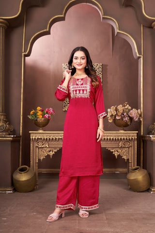 Ethinc Motifs Embroidery Sequined Silk Straight Kurta With Trouser