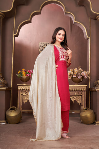 Ethinc Motifs Embroidery Sequined Silk Straight Kurta With Trouser