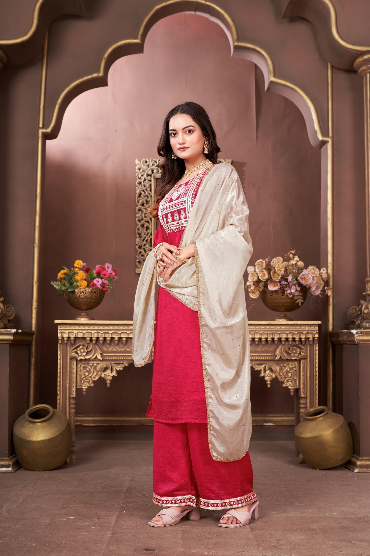 Ethinc Motifs Embroidery Sequined Silk Straight Kurta With Trouser