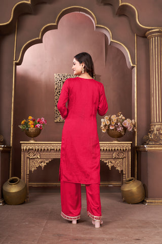 Ethinc Motifs Embroidery Sequined Silk Straight Kurta With Trouser