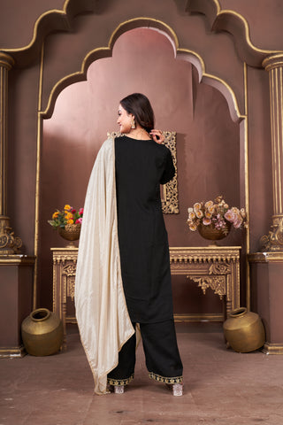 Ethinc Motifs Embroidery Sequined Silk Straight Kurta With Trouser