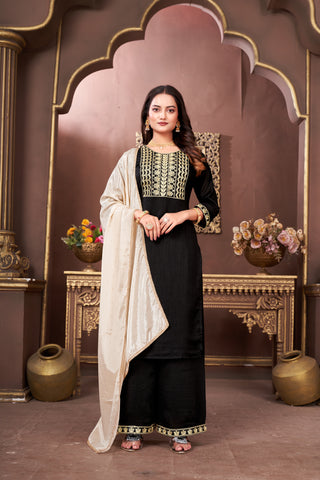 Ethinc Motifs Embroidery Sequined Silk Straight Kurta With Trouser