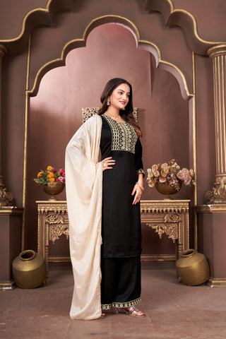 Ethinc Motifs Embroidery Sequined Silk Straight Kurta With Trouser